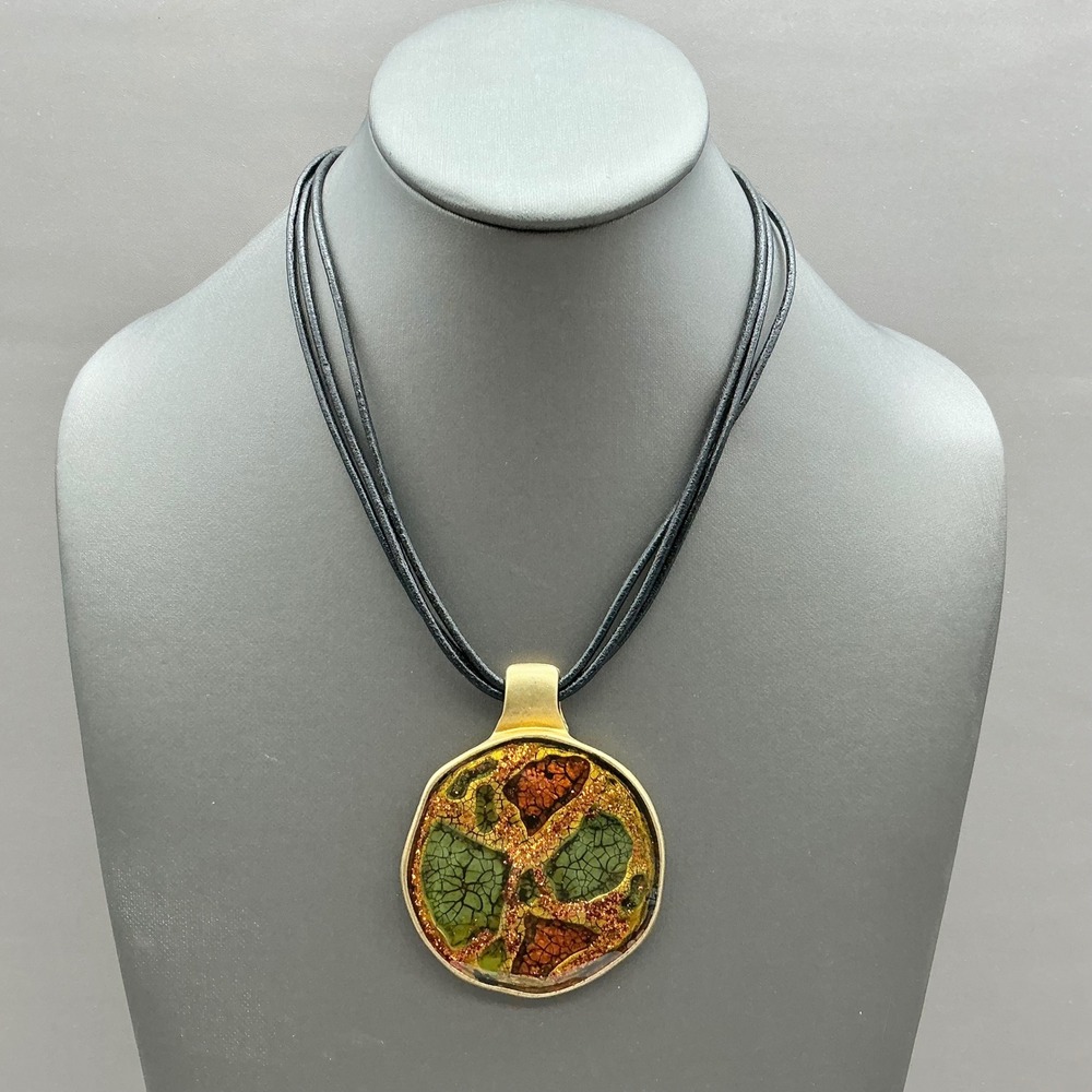 Chico's Necklace Women Black Multi Color Mosaic Pendant Triple Cord Adjustable
